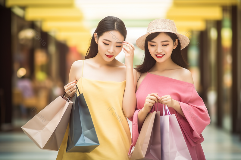夏日商业街靓丽欢快闺蜜购物,高清,摄影图,摄影图片,图片大全,摄影图免费下载